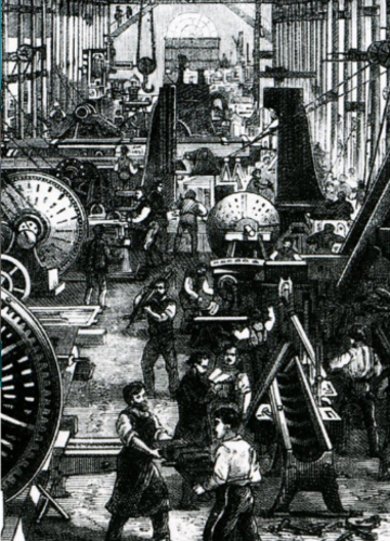 A drawing of the inside of a factory during the industrial revolution