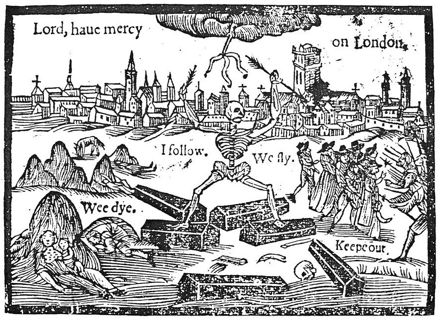 Woodcut of a skeleton reaching for lightening