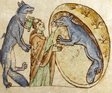 An illustration from 'Topographia Hiberniae' depicting the story of a traveling priest who meets and communes a pair of good werewolves from the kingdom of Ossory.