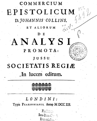 Frontpage of Commercium Epistolicum (1712) by John Collins (1625-1687)