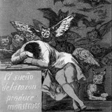A drawing of a sleeping man surrounded by nightmarish creatures - 'The Sleep of Reason Produces Monsters' 