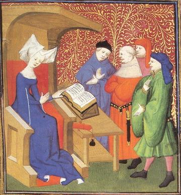 Christine de Pizan (sitting) lecturing to a group of men standing