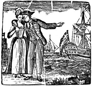 A woodcut of someone being transported