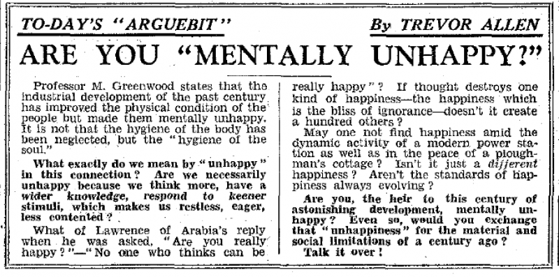 Newspaper article entitled Are you Mentally unhappy