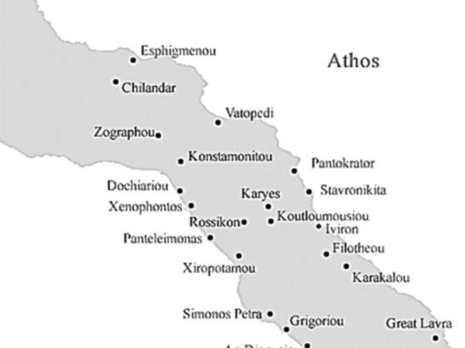 Map of the Mt Athos peninsula showing the locations of the 20 monasteries