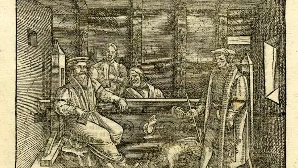 A prison cell, with one man in the stocks, three other men standing or sitting, and a dog chewing on a bone; illustration to page 1418 of a 16th-century edition of John Foxe, 'Acts and Monuments' ('Book of Martyrs').
