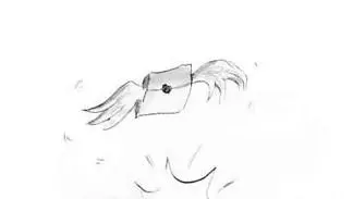 A drawing of a flying letter