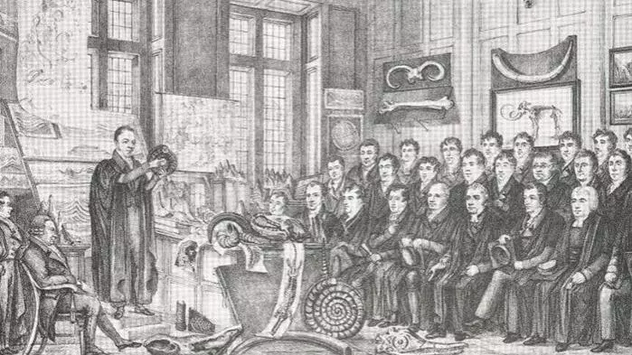Scholars attending a lecture in the Ashmolean Museum, Oxford