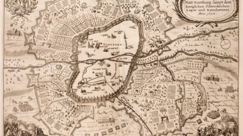 copper engraving from 1633 showing the Siege of Nuremberg 