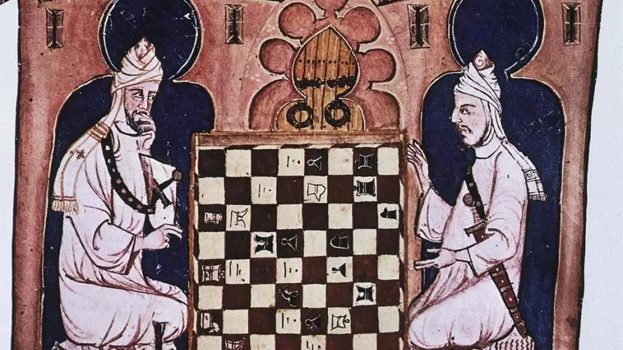 A drawing of two men playing chess in the middle ages