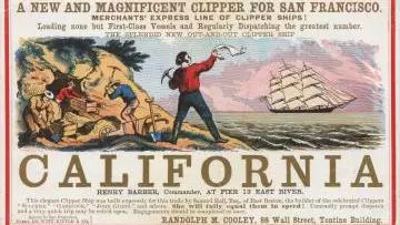 Sailing card for the clipper ship California, depicting scenes from the California gold rush
