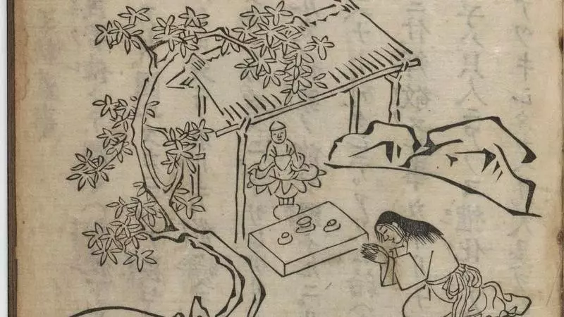 The little boy Kōya Daishi prays in front of a temple he made by himself. His hair is already growing, but his garments are still held together by a string rather than an obi. Detail from Kōya daishi gyōjō zuga