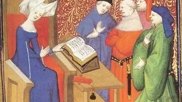Christine de Pizan (sitting) lecturing to a group of men standing