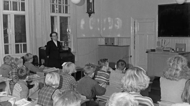 Students listen to the school radio at the Västerby Elementary School in 1951
