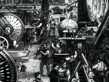 A drawing of the inside of a factory during the industrial revolution