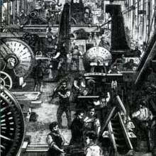 A drawing of the inside of a factory during the industrial revolution