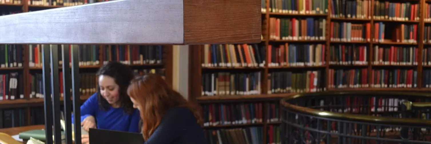 Two students studying in the history faculty library