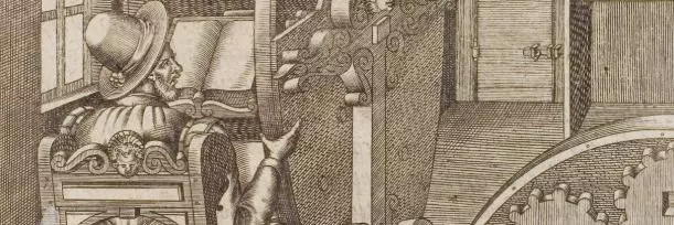 a drawing of a man sat at a reading machine