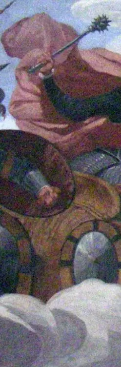 Wallenstein depicted as Mars, the god of war, riding the sky in a chariot pulled by four horses. Ceiling decoration in the main hall of the Wallenstein Palace