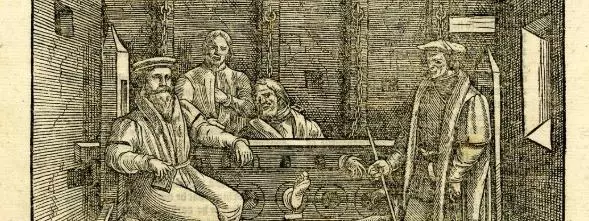 A prison cell, with one man in the stocks, three other men standing or sitting, and a dog chewing on a bone; illustration to page 1418 of a 16th-century edition of John Foxe, 'Acts and Monuments' ('Book of Martyrs').